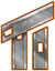 Gray, metallic geometric shapes resembling stylized letters "T" and "I" with orange outlines.